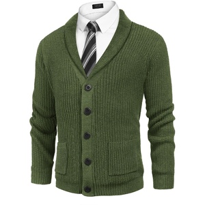 image:imageCOOFANDY Mens Shawl Collar Cardigan Sweater Slim Fit Cable Knit Button up Sweater with PocketsArmy Green