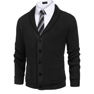image:imageCOOFANDY Mens Shawl Collar Cardigan Sweater Slim Fit Cable Knit Button up Sweater with PocketsBlack