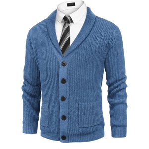 image:imageCOOFANDY Mens Shawl Collar Cardigan Sweater Slim Fit Cable Knit Button up Sweater with PocketsBlue