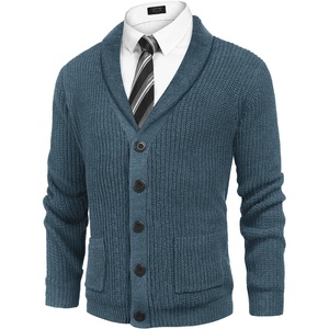 image:imageCOOFANDY Mens Shawl Collar Cardigan Sweater Slim Fit Cable Knit Button up Sweater with PocketsBlue Heather