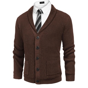 image:imageCOOFANDY Mens Shawl Collar Cardigan Sweater Slim Fit Cable Knit Button up Sweater with PocketsBrown