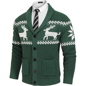 image:imageCOOFANDY Mens Shawl Collar Cardigan Sweater Slim Fit Cable Knit Button up Sweater with PocketsChristmas GreenWhite