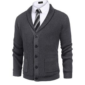 image:imageCOOFANDY Mens Shawl Collar Cardigan Sweater Slim Fit Cable Knit Button up Sweater with PocketsDark Grey