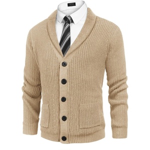 image:imageCOOFANDY Mens Shawl Collar Cardigan Sweater Slim Fit Cable Knit Button up Sweater with PocketsKhaki