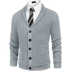 image:imageCOOFANDY Mens Shawl Collar Cardigan Sweater Slim Fit Cable Knit Button up Sweater with PocketsLight Grey