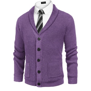 image:imageCOOFANDY Mens Shawl Collar Cardigan Sweater Slim Fit Cable Knit Button up Sweater with PocketsPurple