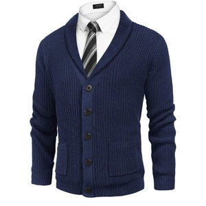 image:imageCOOFANDY Mens Shawl Collar Cardigan Sweater Slim Fit Cable Knit Button up Sweater with PocketsSnorkel Blue