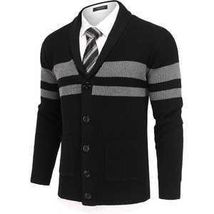 image:imageCOOFANDY Mens Shawl Collar Cardigan Sweater Slim Fit Cable Knit Button up Sweater with PocketsStripesdark Gray on Black