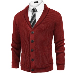image:imageCOOFANDY Mens Shawl Collar Cardigan Sweater Slim Fit Cable Knit Button up Sweater with PocketsWine Red