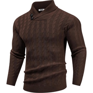image:imageCOOFANDY Mens Shawl Collar Pullover Sweater Slim Fit Casual Button Cable Knit SweatersBrown