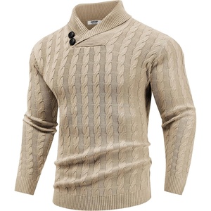 image:imageCOOFANDY Mens Shawl Collar Pullover Sweater Slim Fit Casual Button Cable Knit SweatersKhaki