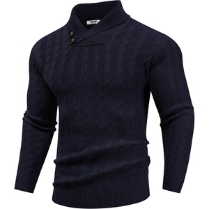 image:imageCOOFANDY Mens Shawl Collar Pullover Sweater Slim Fit Casual Button Cable Knit SweatersNavy Blue