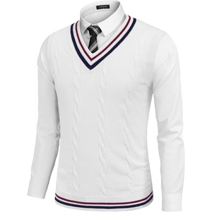 image:imageCOOFANDY Mens Sweater Vest V Neck Casual Sleeveless Pullover Striped Cable Knit Sweater VestWhite  Navy Blue Red Stripe