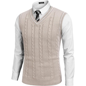 image:imageCOOFANDY Mens Sweater Vest V Neck Slim Fit Casual Sleeveless Twisted Knitted Pullover SweaterBeigeWhite Twotone Colors