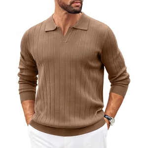 image:imageCOOFANDY Mens Sweaters Polos Long Sleeve V Neck Knit Polo Lightweight Casual Pullover SweaterBrown
