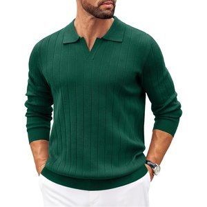 image:imageCOOFANDY Mens Sweaters Polos Long Sleeve V Neck Knit Polo Lightweight Casual Pullover SweaterDark Green