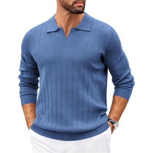 image:imageCOOFANDY Mens Sweaters Polos Long Sleeve V Neck Knit Polo Lightweight Casual Pullover SweaterDemin Blue