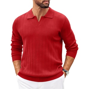 image:imageCOOFANDY Mens Sweaters Polos Long Sleeve V Neck Knit Polo Lightweight Casual Pullover SweaterRed