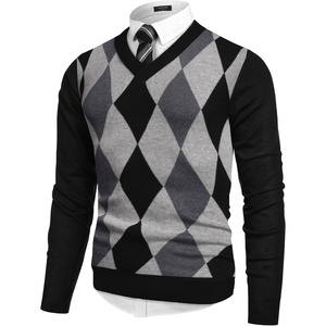 image:imageCOOFANDY Mens V Neck Dress Sweater Knit Long Sleeve Slim Fit Sweaters Fashion Pullover SweaterBalck Grey Argyle