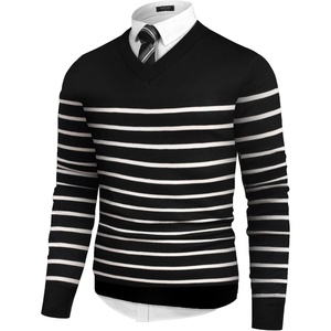 image:imageCOOFANDY Mens V Neck Dress Sweater Knit Long Sleeve Slim Fit Sweaters Fashion Pullover SweaterBalck White Stripe