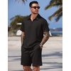 image:imageCOOFANDY Men Short Sets 2 Piece Outfits Casual Quarter Zip Polo Shorts Sets Textured Summer Outfits Fashion Tracksuit GolfBlack