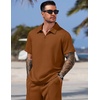 image:imageCOOFANDY Men Short Sets 2 Piece Outfits Casual Quarter Zip Polo Shorts Sets Textured Summer Outfits Fashion Tracksuit GolfLight Brown