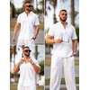 image:imageCOOFANDY Mens 2 Pieces Cotton Linen Set Casual Short Sleeve Henley Shirts Beach Yoga Pants Summer OutfitsAll White