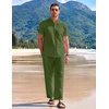 image:imageCOOFANDY Mens 2 Pieces Cotton Linen Set Casual Short Sleeve Henley Shirts Beach Yoga Pants Summer OutfitsArmy Green