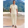 image:imageCOOFANDY Mens 2 Pieces Cotton Linen Set Casual Short Sleeve Henley Shirts Beach Yoga Pants Summer OutfitsBeige