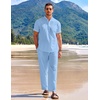 image:imageCOOFANDY Mens 2 Pieces Cotton Linen Set Casual Short Sleeve Henley Shirts Beach Yoga Pants Summer OutfitsBlue
