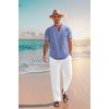 image:imageCOOFANDY Mens 2 Pieces Cotton Linen Set Casual Short Sleeve Henley Shirts Beach Yoga Pants Summer OutfitsBlue Striped
