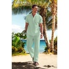 image:imageCOOFANDY Mens 2 Pieces Cotton Linen Set Casual Short Sleeve Henley Shirts Beach Yoga Pants Summer OutfitsGreen
