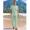image:imageCOOFANDY Mens 2 Pieces Cotton Linen Set Casual Short Sleeve Henley Shirts Beach Yoga Pants Summer OutfitsGreen