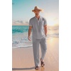image:imageCOOFANDY Mens 2 Pieces Cotton Linen Set Casual Short Sleeve Henley Shirts Beach Yoga Pants Summer OutfitsGrey