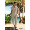 image:imageCOOFANDY Mens 2 Pieces Cotton Linen Set Casual Short Sleeve Henley Shirts Beach Yoga Pants Summer OutfitsKhaki