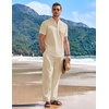 image:imageCOOFANDY Mens 2 Pieces Cotton Linen Set Casual Short Sleeve Henley Shirts Beach Yoga Pants Summer OutfitsLight Khaki