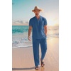 image:imageCOOFANDY Mens 2 Pieces Cotton Linen Set Casual Short Sleeve Henley Shirts Beach Yoga Pants Summer OutfitsLight Navy