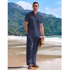 image:imageCOOFANDY Mens 2 Pieces Cotton Linen Set Casual Short Sleeve Henley Shirts Beach Yoga Pants Summer OutfitsNavy Blue