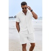 image:imageCOOFANDY Mens Summer Beach Outfits 2 Piece Short Sleeve Shirts and Shorts Vacation Texture Linen Sets for MenA White