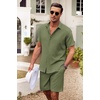 image:imageCOOFANDY Mens Summer Beach Outfits 2 Piece Short Sleeve Shirts and Shorts Vacation Texture Linen Sets for MenArmy Green