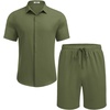 image:imageCOOFANDY Mens Summer Beach Outfits 2 Piece Short Sleeve Shirts and Shorts Vacation Texture Linen Sets for MenArmy Green
