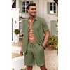 image:imageCOOFANDY Mens Summer Beach Outfits 2 Piece Short Sleeve Shirts and Shorts Vacation Texture Linen Sets for MenArmy Green