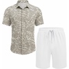 image:imageCOOFANDY Mens Summer Beach Outfits 2 Piece Short Sleeve Shirts and Shorts Vacation Texture Linen Sets for MenBeige  Leaf Flower