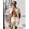 image:imageCOOFANDY Mens Summer Beach Outfits 2 Piece Short Sleeve Shirts and Shorts Vacation Texture Linen Sets for MenBeige