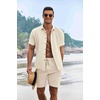 image:imageCOOFANDY Mens Summer Beach Outfits 2 Piece Short Sleeve Shirts and Shorts Vacation Texture Linen Sets for MenBeige