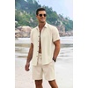 image:imageCOOFANDY Mens Summer Beach Outfits 2 Piece Short Sleeve Shirts and Shorts Vacation Texture Linen Sets for MenBeige