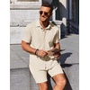 image:imageCOOFANDY Mens Summer Beach Outfits 2 Piece Short Sleeve Shirts and Shorts Vacation Texture Linen Sets for MenBeige