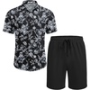 image:imageCOOFANDY Mens Summer Beach Outfits 2 Piece Short Sleeve Shirts and Shorts Vacation Texture Linen Sets for MenBlack  Leaf Flower