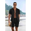 image:imageCOOFANDY Mens Summer Beach Outfits 2 Piece Short Sleeve Shirts and Shorts Vacation Texture Linen Sets for MenBlack