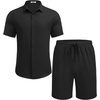 image:imageCOOFANDY Mens Summer Beach Outfits 2 Piece Short Sleeve Shirts and Shorts Vacation Texture Linen Sets for MenBlack